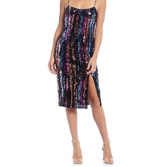 Belle Badgley Mischka Sequin Cocktail Multicolor Black Bodycon Dress Size 8 - Picture 1 of 13